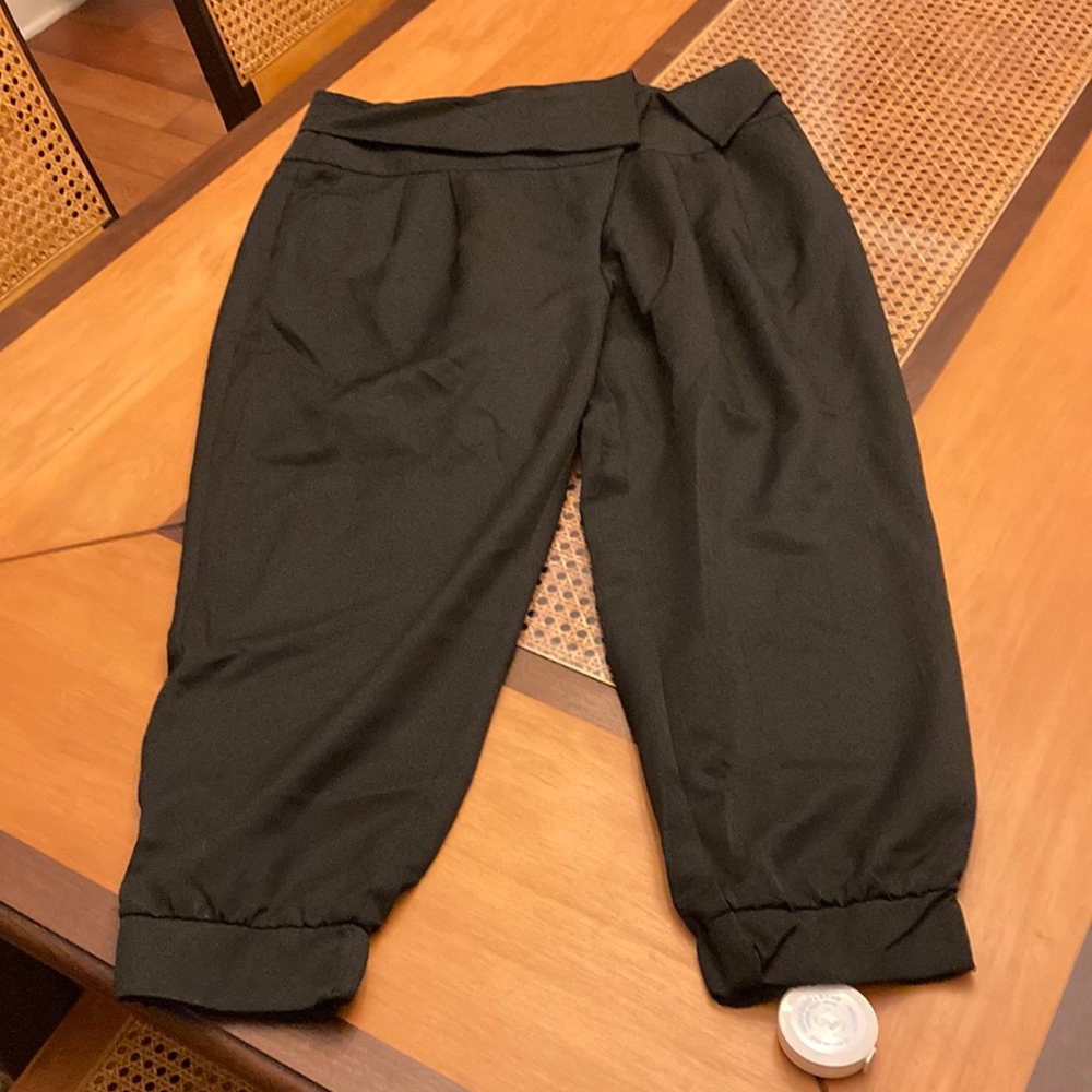 BCBG asymmetrical overlap, gathered pants or trousers.